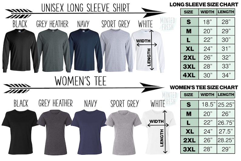 May include: Size chart for unisex long-sleeved shirts and women's t-shirts. The chart shows the width and length measurements in inches for sizes S-4XL for long-sleeved shirts and S-3XL for women's t-shirts. The shirts are available in black, grey heather, navy, sport grey, and white.