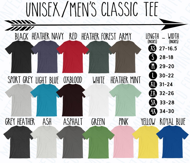 May include: A chart showing 20 different color t-shirt options with size and measurement information in inches. The t-shirts are unisex and are available in sizes XS, S, M, L, XL, 2X, 3X, and 4X.
