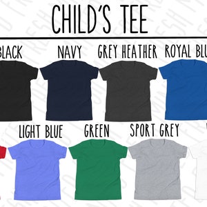 May include: A chart showing different colour options for a child's t-shirt. The colours include black, navy, grey heather, royal blue, red, light blue, green, sport grey, and white.