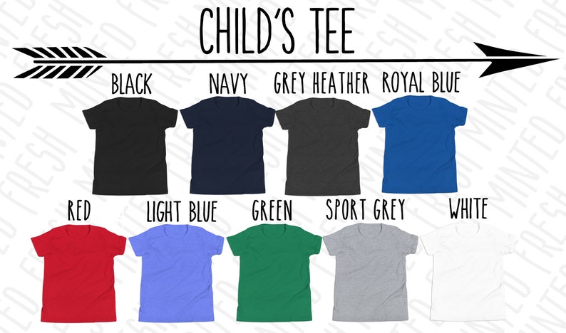 May include: A chart showing different colour options for a child's t-shirt. The colours include black, navy, grey heather, royal blue, red, light blue, green, sport grey, and white.