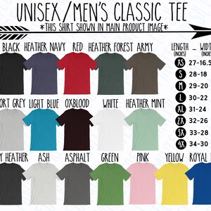 Może przedstawiać: Wykres przedstawiający r&oacute;żne opcje kolorystyczne dla klasycznego t-shirtu unisex. Wykres zawiera nazwy kolor&oacute;w i odpowiadającą im tabelę rozmiar&oacute;w z wymiarami w calach. Rozmiary to XS, S, M, L, XL, 2X, 3X i 4X.