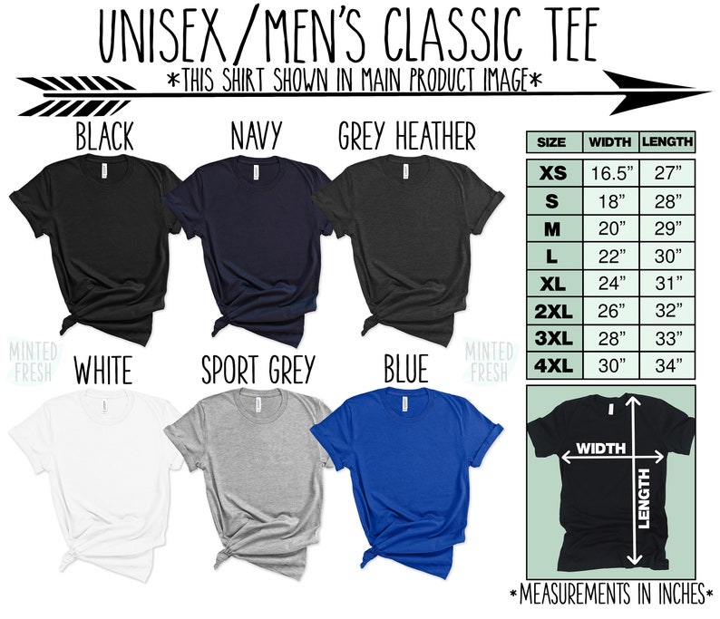 May include: A unisex classic tee shirt in various colors, including black, navy, grey heather, white, sport grey, and blue. The shirt is shown in different sizes with measurements for width and length in inches.