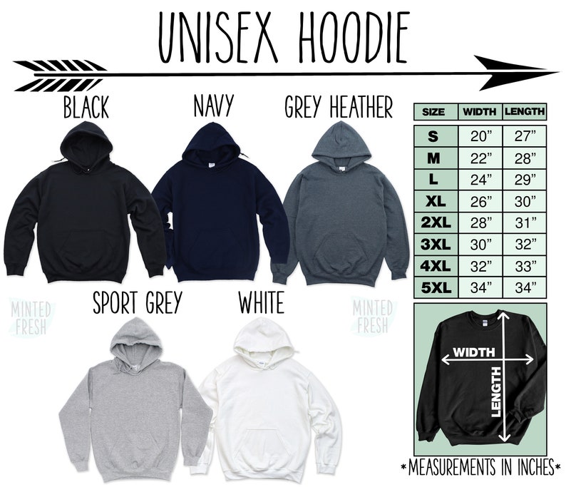 May include: Unisex hoodie in black, navy, grey heather, sport grey, and white. The hoodie has a drawstring hood and a kangaroo pocket. Size chart with width and length measurements in inches.