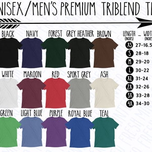 May include: A chart showing different colours of t-shirts with the text "UNISEX/MEN'S PREMIUM TRIBLEND TEE" at the top. The chart shows the length and width measurements in inches for each size: XS, S, M, L, XL, 2X, 3X, and 4X.