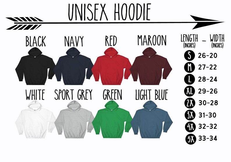 May include: Unisex hoodie in a range of colours, including black, navy, red, maroon, white, sport grey, green, and light blue. Size chart with length and width measurements in inches.