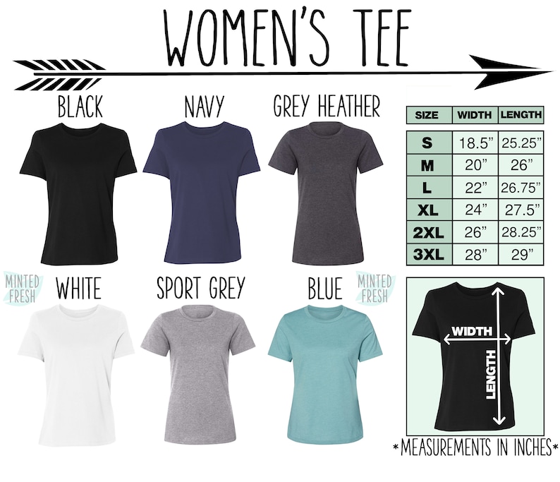 May include: A chart showing different colors of women's t-shirts with size and measurement information in inches. The colors include black, navy, grey heather, white, sport grey, and blue.