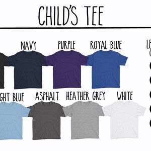 May include: A chart showing the different colours and sizes available for a child's t-shirt. The colours include black, navy, purple, royal blue, pink, light blue, asphalt, heather grey, and white. The sizes are XS, S, M, L, and XL. The chart also includes the length and width of each size in inches.