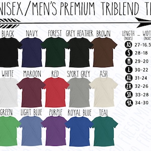 Puede incluir: Un gr&aacute;fico que muestra diferentes colores de camisetas con el texto "UNISEX/MEN'S PREMIUM TRIBLEND TEE" en la parte superior. El gr&aacute;fico muestra las medidas de longitud y ancho en pulgadas para cada talla: XS, S, M, L, XL, 2X, 3X y 4X.