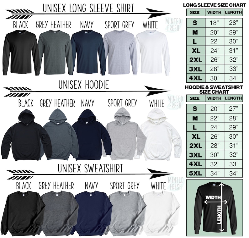 May include: Size chart for unisex long sleeve shirts, hoodies, and sweatshirts. The chart shows the width and length measurements in inches for sizes S through 5XL. The chart is displayed against a background of different colored shirts and hoodies.