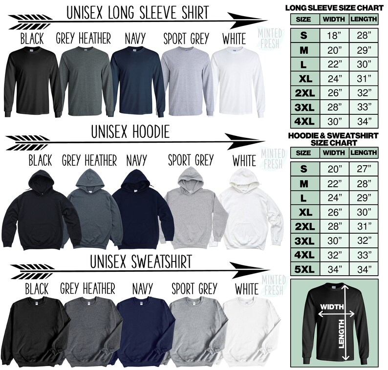 May include: Size chart for unisex long sleeve shirts, hoodies, and sweatshirts. The chart shows the width and length measurements in inches for sizes S through 5XL. The colors available are black, grey heather, navy, sport grey, and white.