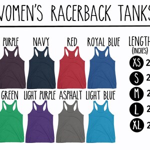 May include: Racerback tank tops in a range of colours, including black, white, purple, green, light purple, asphalt, light blue, navy, red, and royal blue. The size chart shows the length and width in inches for sizes XS, S, M, L, and XL.