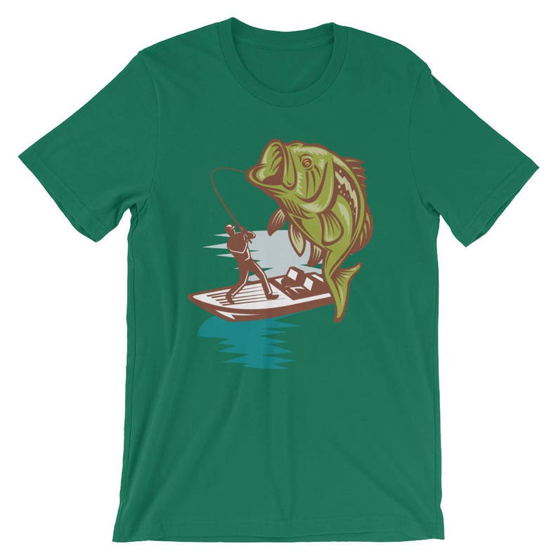 May include: A green t-shirt with a graphic of a fisherman in a boat reeling in a large bass.