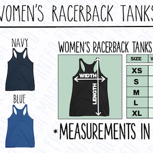 Puede incluir: Tabla de tallas para tanques de espalda nadadora en negro, azul marino, blanco y azul. La tabla muestra las medidas en pulgadas para las tallas XS, S, M, L y XL. La tabla incluye las medidas de ancho y largo.