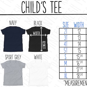 May include: Size chart for a child's tee shirt in various colors, including grey heather, navy, black, blue, sport grey, and white. The chart shows the size, width in inches, length in inches, and age range for each size.  Sizes include 2T, 3T, 4T, 5T, S, M, L, and XL.