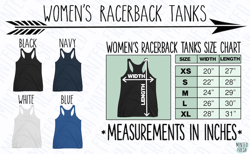 May include: Size chart for racerback tanks in black, navy, white, and blue. The chart shows measurements in inches for sizes XS, S, M, L, and XL. The chart includes width and length measurements.