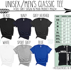 Puede incluir: Una camiseta cl&aacute;sica unisex en varios colores, incluyendo negro, azul marino, gris jaspeado, blanco, gris deportivo y azul. La camiseta se muestra en diferentes tallas con medidas de ancho y largo en pulgadas.