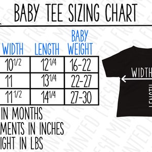 May include: A baby tee sizing chart with measurements in inches and pounds. The chart shows the size, age in months, width, length, and weight for baby tees. The chart is labeled "Baby Tee Sizing Chart".