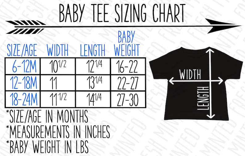 May include: A baby tee sizing chart with measurements in inches and pounds. The chart shows the size, age in months, width, length, and weight for baby tees. The chart is labeled "Baby Tee Sizing Chart".