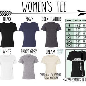 K&ouml;nnte beinhalten: Gr&ouml;&szlig;entabelle f&uuml;r Damen-T-Shirts mit Ma&szlig;en in Zoll. Die Tabelle zeigt die Breite und L&auml;nge des Shirts in verschiedenen Gr&ouml;&szlig;en von S bis 3XL. Die Farben der Shirts sind Schwarz, Marine, Grau meliert, Wei&szlig;, Sportgrau und Creme.