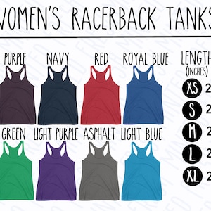 Puede incluir: Un gr&aacute;fico que muestra diferentes colores de camisetas de tirantes con espalda de nadador con informaci&oacute;n de talla y medidas. Las tallas son XS, S, M, L y XL. Las medidas est&aacute;n en pulgadas. Los colores son negro, morado, azul marino, rojo, azul real, blanco, verde, morado claro, asfalto y azul claro.