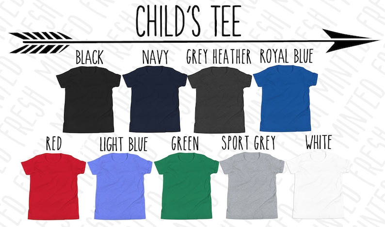 May include: A chart showing different color options for a child's t-shirt. The colors include black, navy, grey heather, royal blue, red, light blue, green, sport grey, and white.