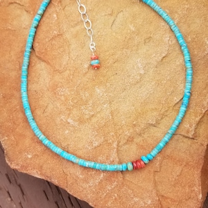 Turquoise Choker; Turquoise Necklace; Genuine Kingman Turquoise; Spiny Oyster Shell; Sterling Silver; Adjustable Length; Mother&#39;s Day Gift