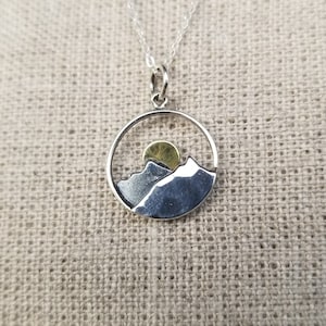 Mixed Metal Sun and Mountains Necklace; Sunset and Mountain; Sterling Silver & Bronze; Dainty Necklace; Nature Jewelry