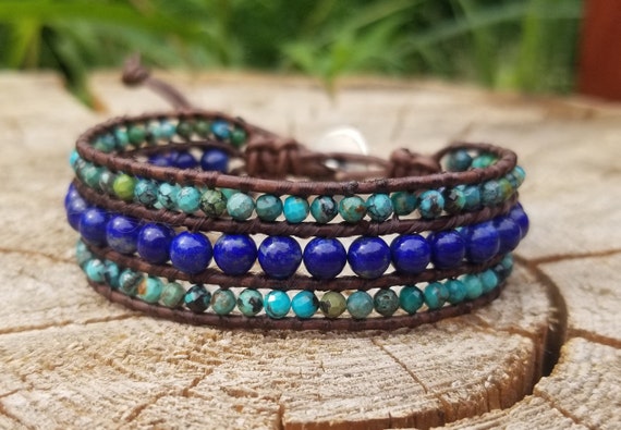 Turquoise and Navy Beaded Leather Wrap Bracelet Turquoise Beaded Leather Wrap Bracelet: Boho Double Wrap - Etsy main image 3
