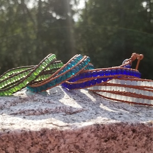 Beach Glass Triple Wrap Bracelet; Wrap Bracelet; Recycled Glass; Sterling Silver