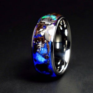 Lunar Galaxy Rex, Unique Tyrannosaurus Rex Dinosaur Bone, Meteorite Ring, & Welo Opal Blue and Purple Glow Ring, Ultimate wedding band, Real