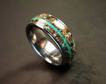 Tungsten Wedding Band: Tyrannosaurus Rex Fossil Bone & Turquoise Inlay