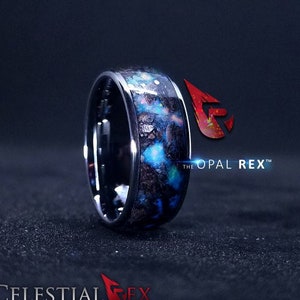 T-Rex Bone & Meteorite Inlay Tungsten Ring, Ethiopian Opal Glow