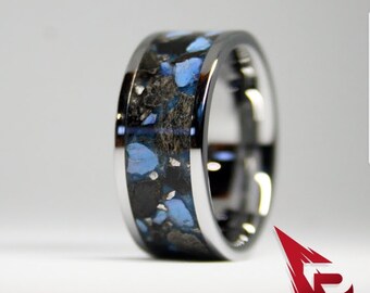 Megalodon Tooth Tungsten Ring, Blue Jasper Meteorite Inlay, 10mm