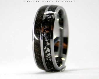 Tungsten Tyrannosaurus Rex Bone Ring, Meteorite Inlay Wedding Band