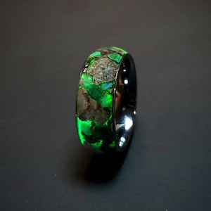 Authentic Stegosaurus Fossil Bone, Opal, Malachite, Green Glow , Meteorite Ring