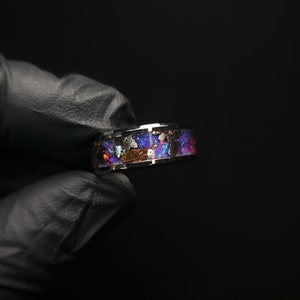 Tyrannosaurus Rex Dinosaur Bone, Meteorite Ring, & Welo Opal Glow Ring, Beveled Galaxy Rex
