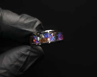T-Rex Bone Ring, Meteorite & Welo Opal Inlay, Tungsten Band