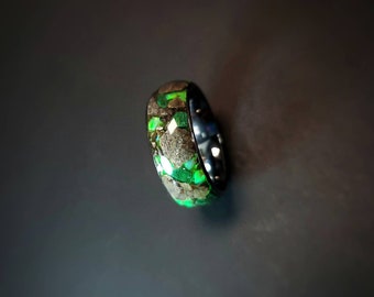 Osso fossile di dinosauro stegosauro autentico, meteorite Nantan, opale e malachite, fede nuziale verde, anello di fidanzamento