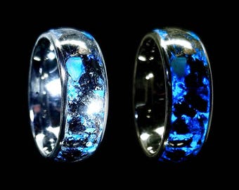 Unique Megalodon Tooth Dinosaur Blue Glow Mens Tungsten Wedding Band