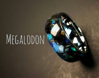 Opal Don, Unique Megalodon Tooth Meteorite and Welo Opal Blue Glow Dinosaur Wedding Band