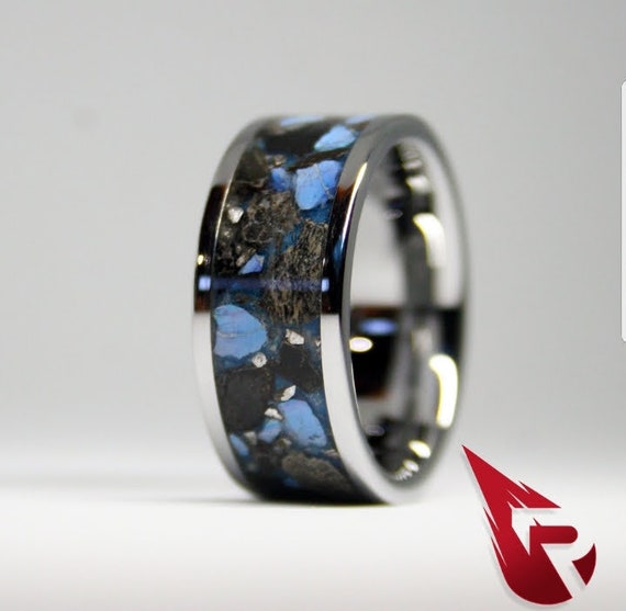 Megalodon Tooth Tungsten Ring, Blue Jasper Meteorite Inlay, 10mm