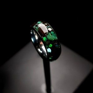 Stegosaurus Fossil Bone, Meteorite, Green Opal, Malachite Glow Ring