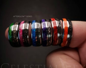 Anello in tungsteno con meteorite Afterglow, fede nuziale luminosa personalizzata