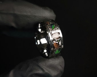 Tungsten Ring: T-Rex Bone, Meteorite, Black Opal Inlay