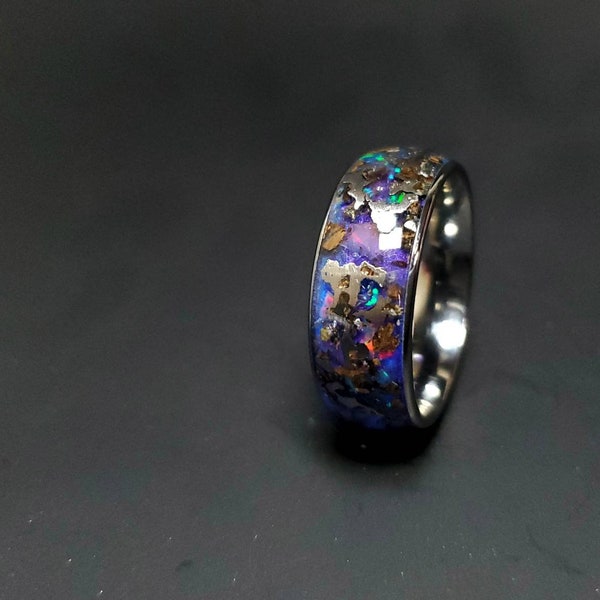 Cosmic Funk, Unique Tyrannosaurus Rex Dinosaur Bone, Meteorite Ring, & Welo Opal Blue and Purple Glow Ring, Ultimate wedding band