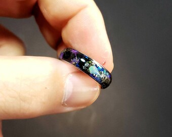 Megalodon Tooth, Meteorite, & Welo Opal Blue, Green, and Purple Glow Ring, Galaxy Meg