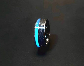 Anello ROR Megalodon Shark Tooth e perla frantumata in tungsteno blu con bordo