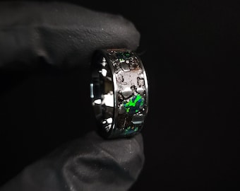 Tungsten T-Rex Fossil Ring: Black Opal & Meteorite Inlay