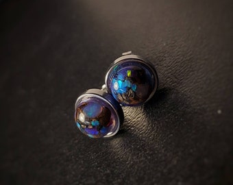 Galaxy Rex, dinosaurusbot tyrannosaurus Rex, meteorietring, en echte Welo- en labopalen, blauwpaars roze gloed, unieke 8 mm oorbelstekers