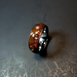 Raptor and T-Rex Dinosaur Fossil and Meteorite Red Opal Glow Wedding Ring - The Red Raptor Rex